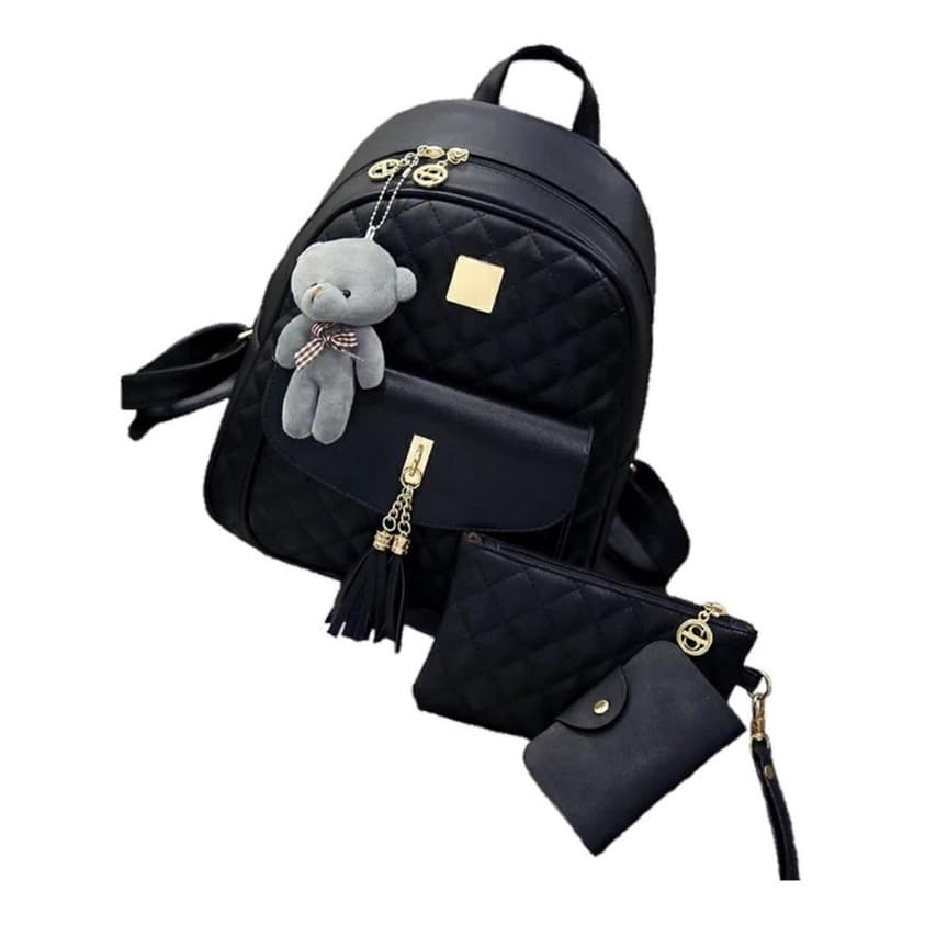 Mochila Couro Sintetico Luxo C/3 Pecas + Ursinho