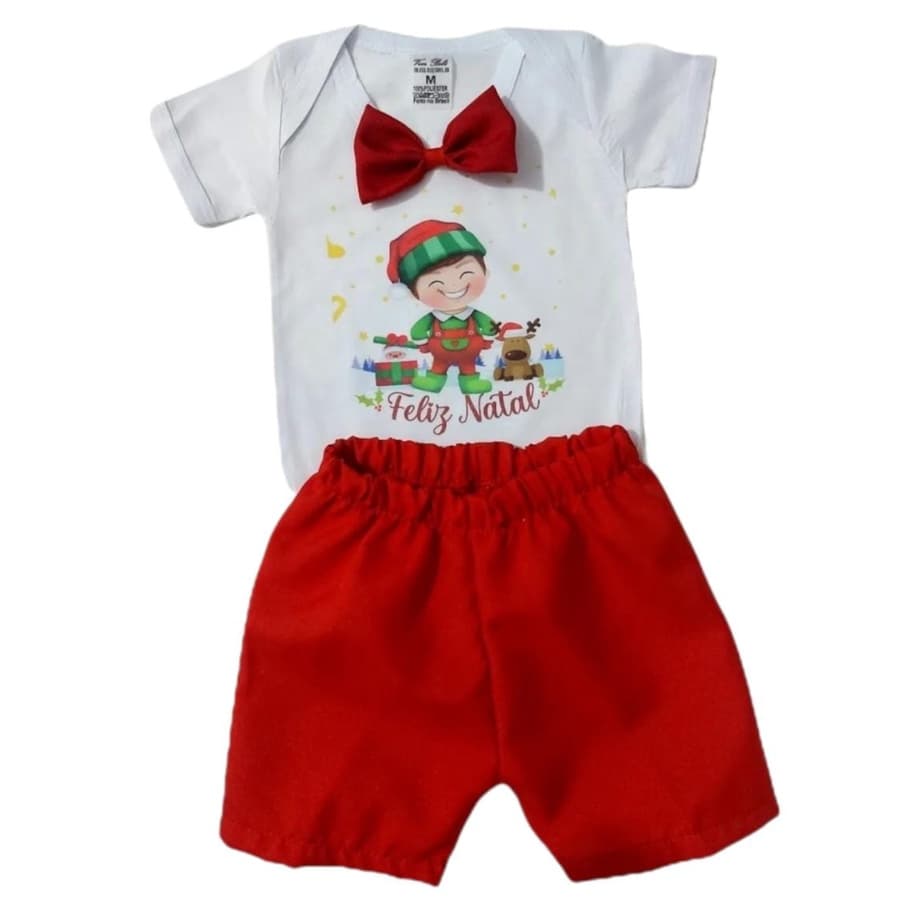 Kit Roupa Festa De Natal Para Menino Conjunto Infantil Masculino De Natal Shorts + Body C/ Gravatinha