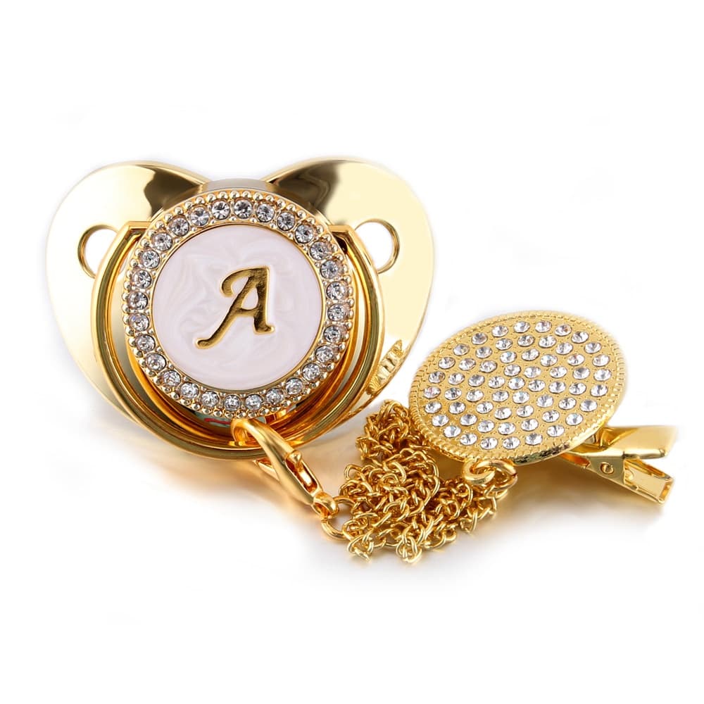 26 Nome Letra Inicial Do Bebê Chupeta E Chupeta Clipes Livre De Bpa Silicone Infantil Mamilo Bling Do Ouro Newborn