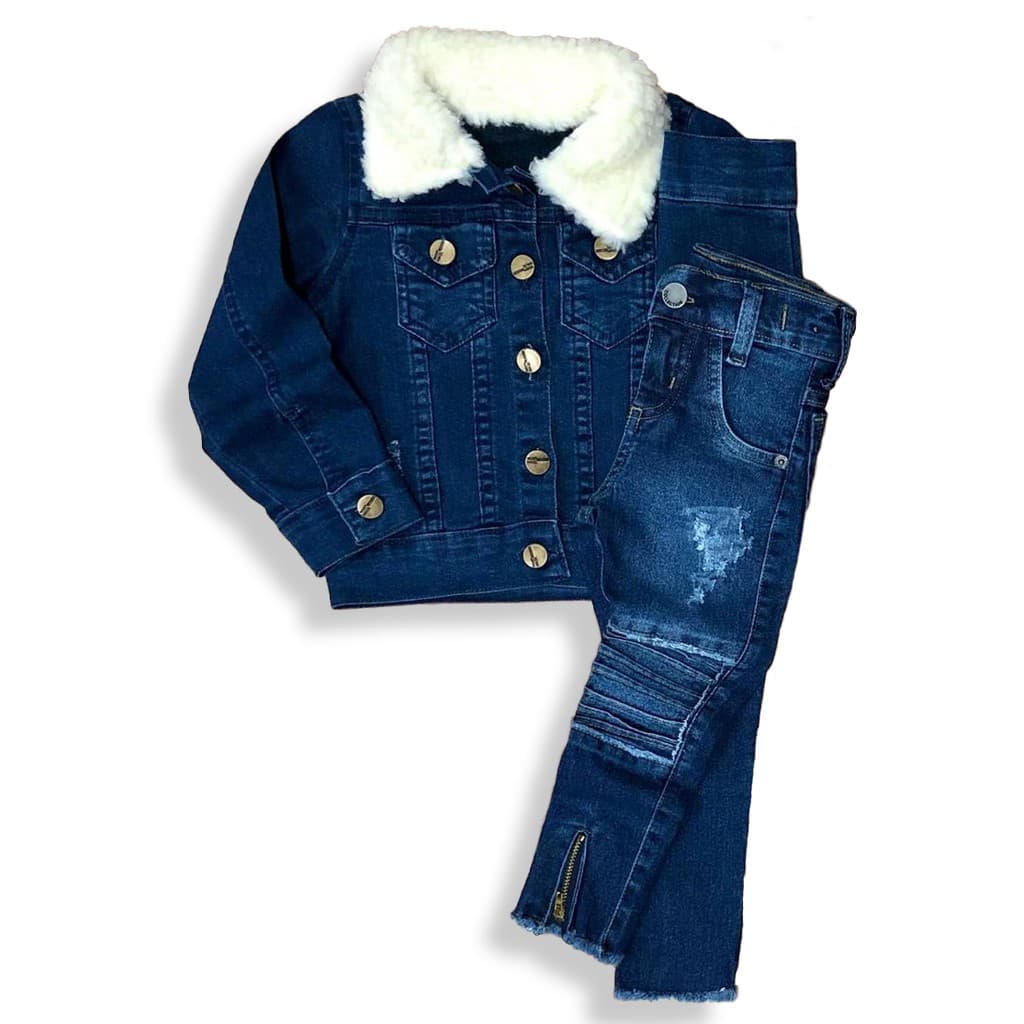 Conjunto Jaqueta Jeans Peluciada (Escura ou Clara) + Calça Jeans Ripadas com Ziper ou Destroyed