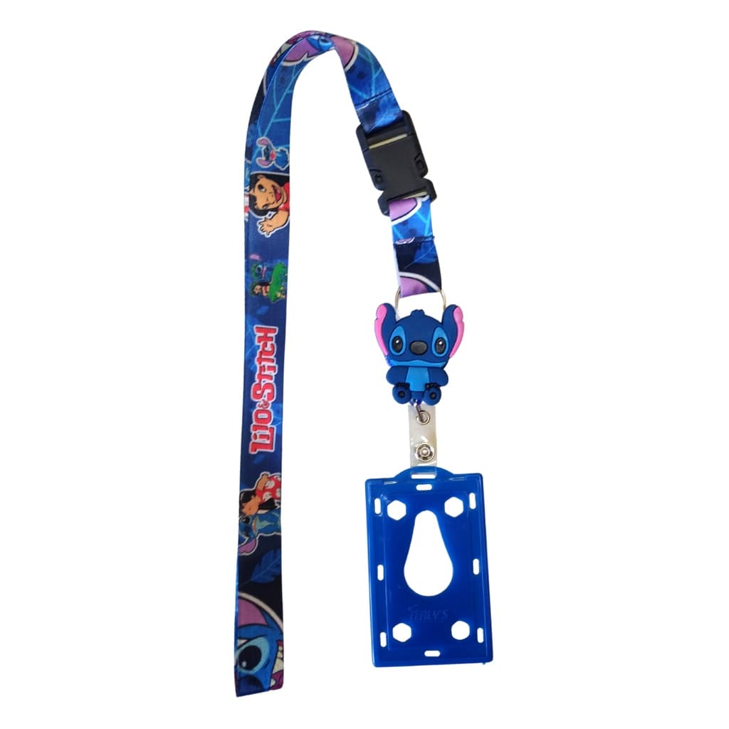 Kit Cordão Lilo & Stitch Azul com Fecho Engate Rápido + Porta Crachá Retrátil Personalizado + Porta Cartão Azul