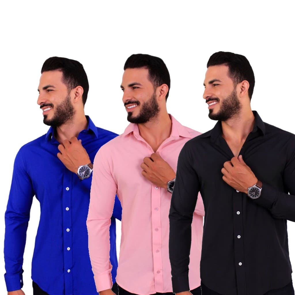 Kit 3 Camisas Social Manga Longa Slim Masculina