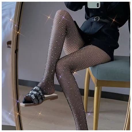Meia Calça Arrastão Feminina Longa Perna Com Strass Cristal