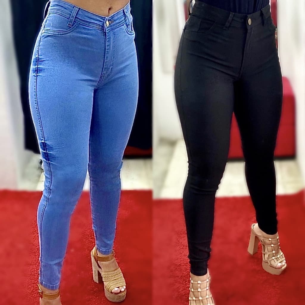 Kit 2 Calças Jeans Feminina Premium Preta e Clara  Modela Levanta Bumbum Cós Cintura Alta Skinny com Elastano Lycra