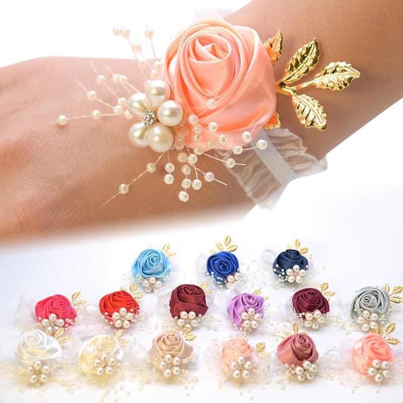 Pulseira Dama De Honra Feminina Flores Festa De Finalistas Boutonniere Rosa Satin Rose De Tecido De Mão Acessórios De Fornecimento De Casamento