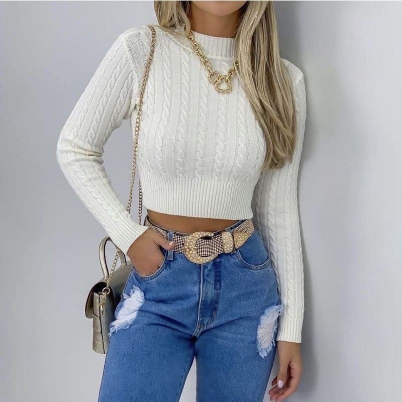 Blusa De Frio Tricô Cropped Feminina Manga Longa 34-42