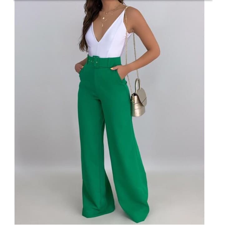 calça pantalona flare com cinto fivela linho ziper forrado
