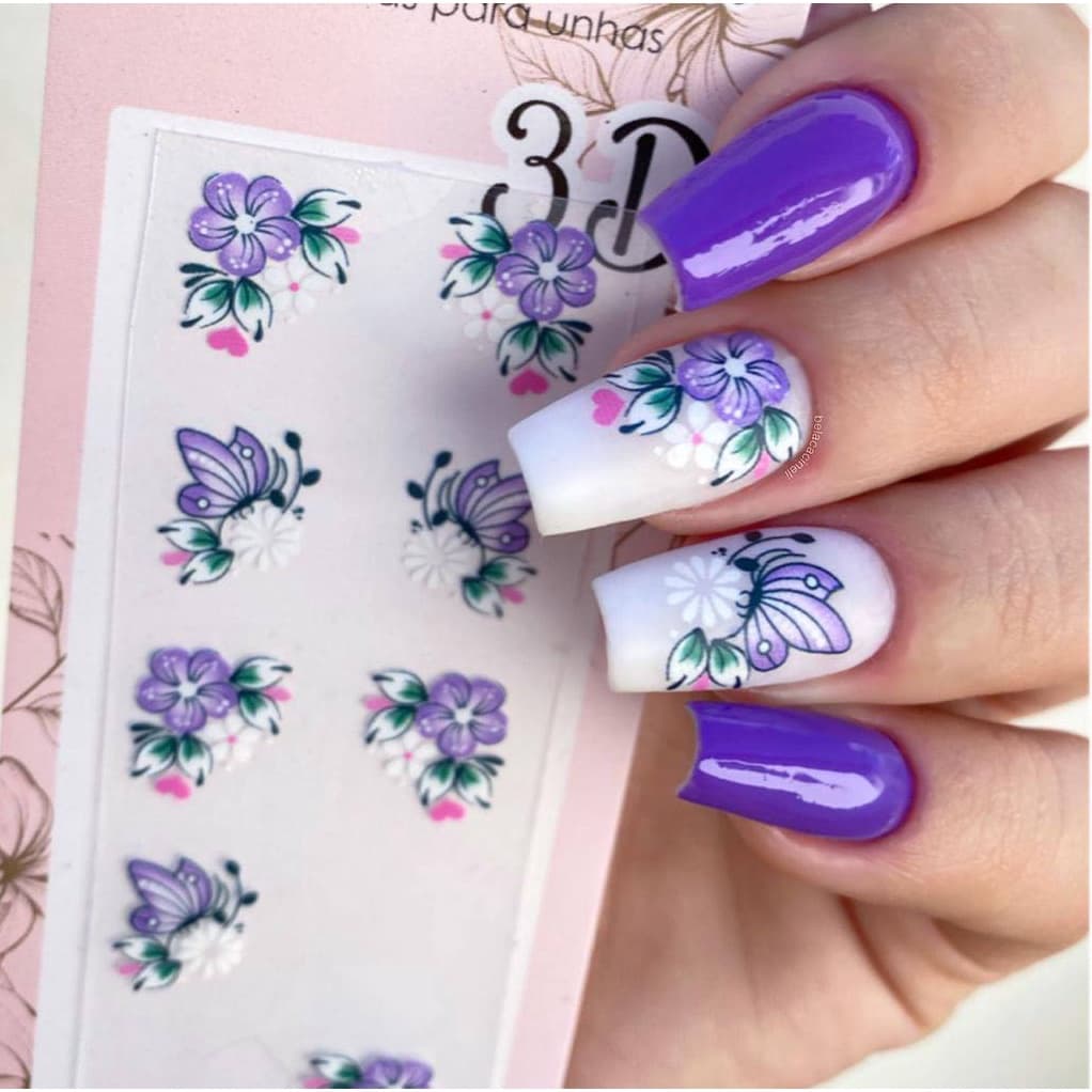 Adesivo 3D de Unhas-Borboleta e Flor delicada lilás-3D 766