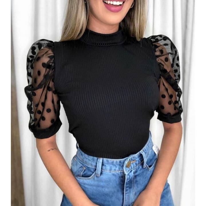 Blusa feminina manga princesa bufante  em tule poa  gola alta malha canelada moda