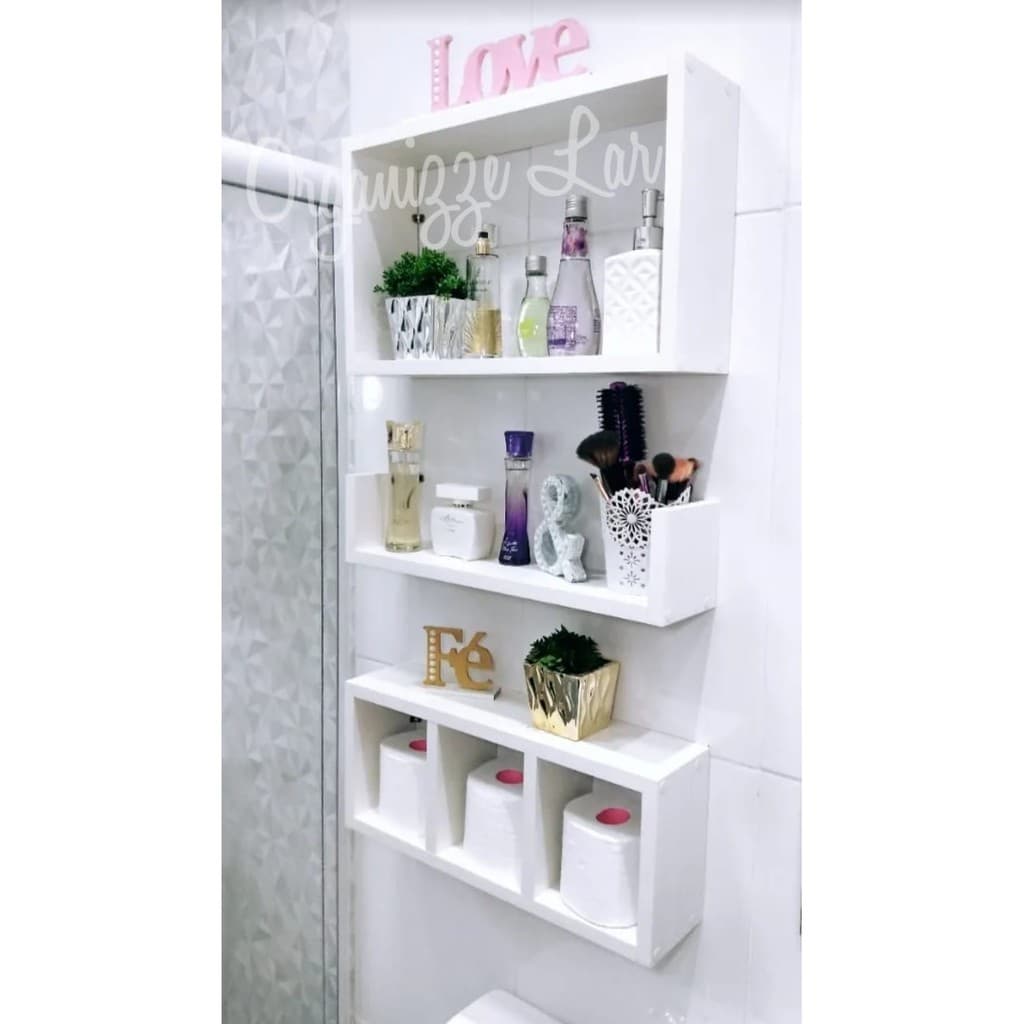 Kit 3 Nicho prateleira 40cm Mdf Branco Banheiro Organizador Papel Shampoo Promoçao c\Suporte Invisível