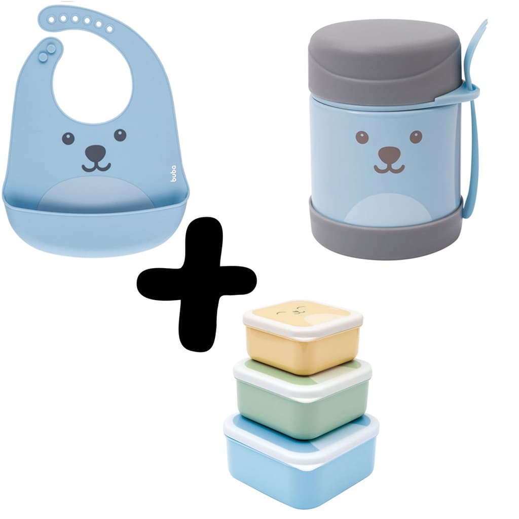Kit Pote Termico Pote Papinha Gumy com 3 Babador de Silicone Azul Buba