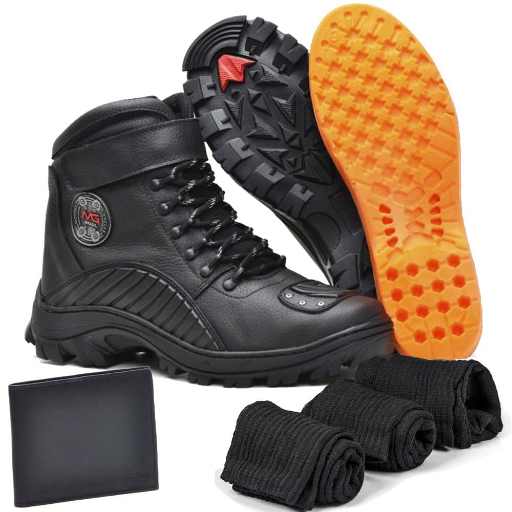 Bota Couro Motociclista Adventure Racing com Carteira e 3 meias