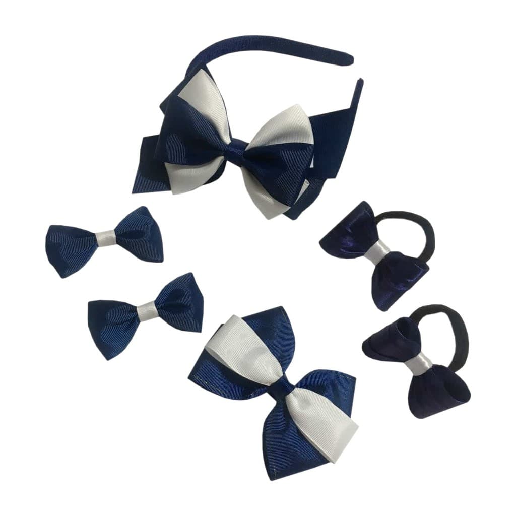 Kit Acessório Escolar Infantil Tiara + Laço Cabelo + Presilhas Azul Marinho Menina Luxo Qualidade