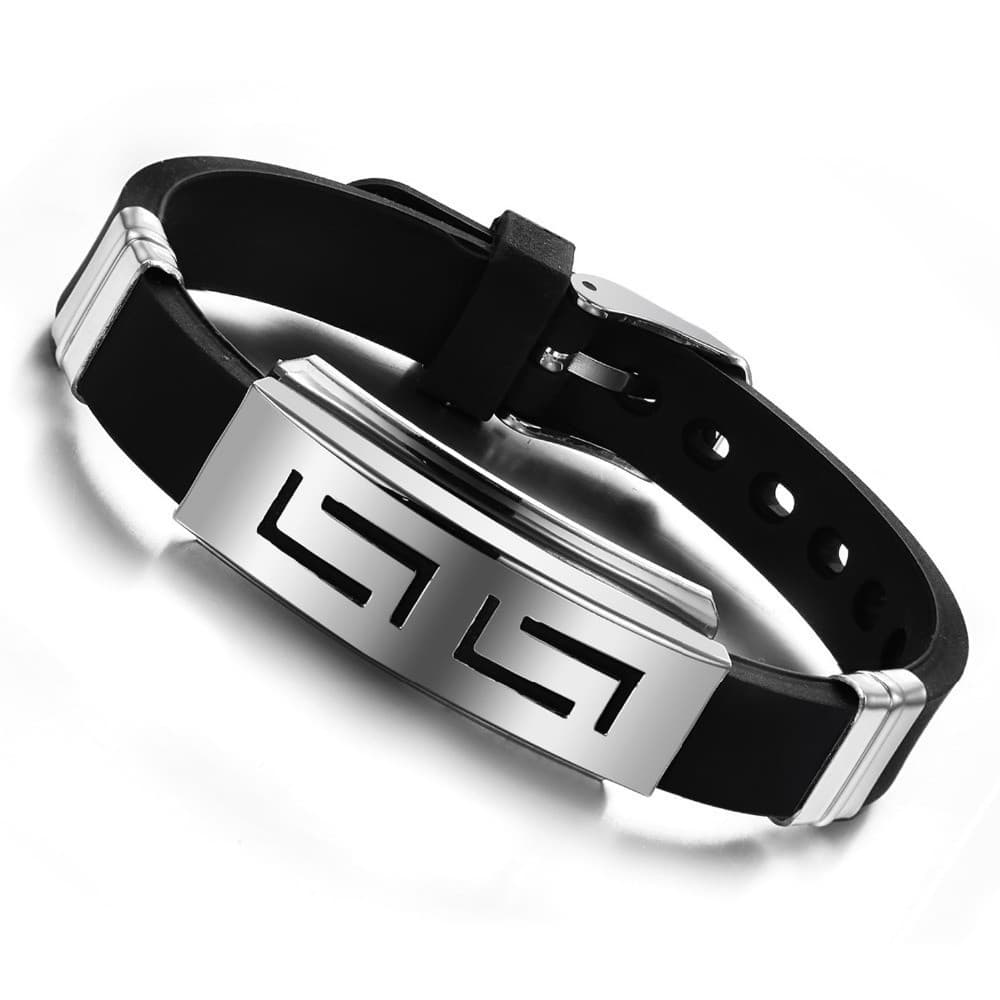 Pulseira Masculina Preta Ajustável Silicone Aço Inoxidável