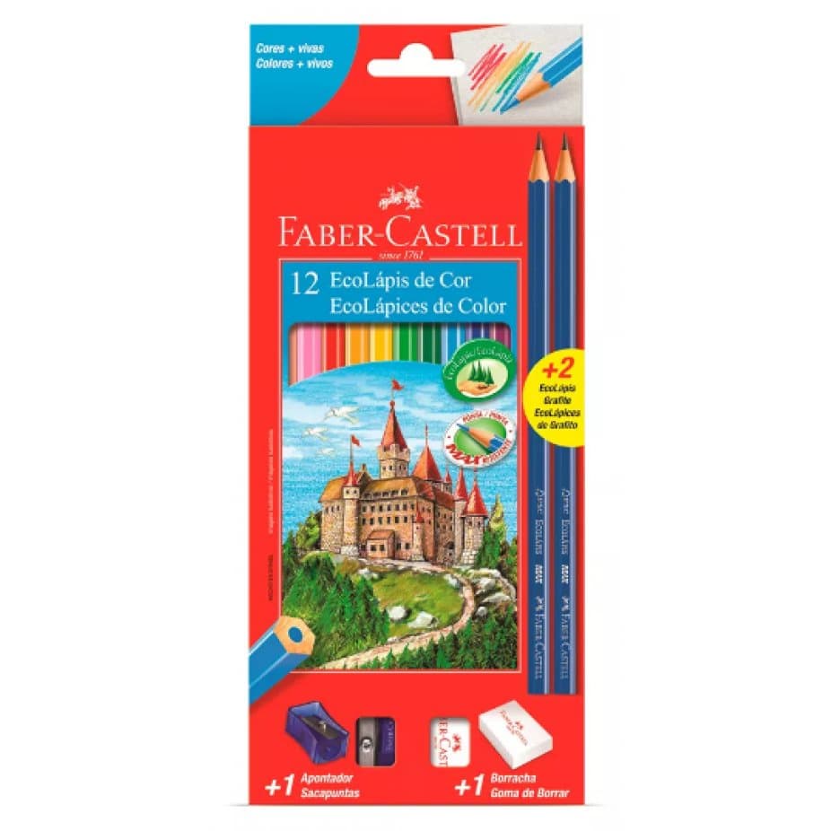 Lapis 12 Cores Faber Castell  Borracha  Apontador E 2 Lápis