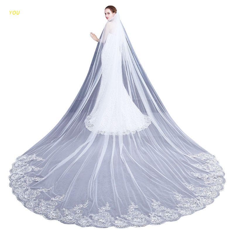 Véu Longo Feminino Laço Bordado Floral Para Noivas