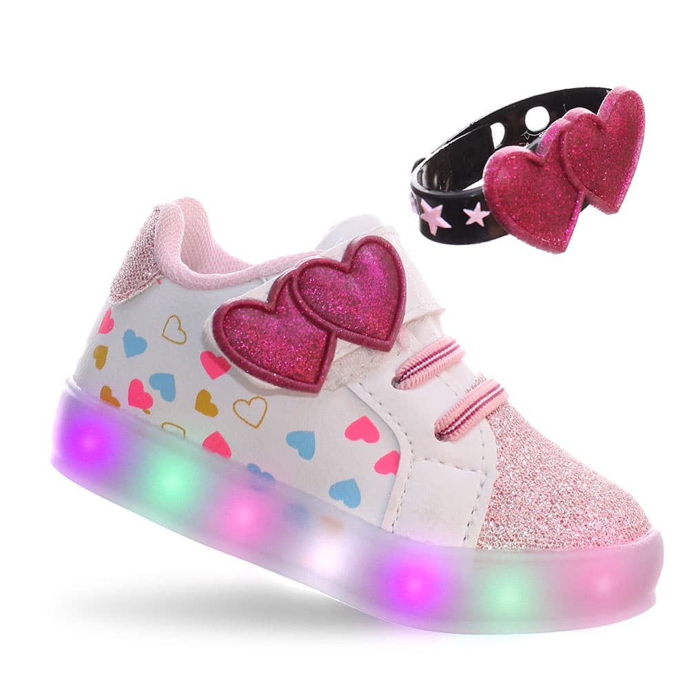 Tenis Infantil Pemania de Luzinha Luz  de Led Coracao Menina Kids Com Pulseira Rosa