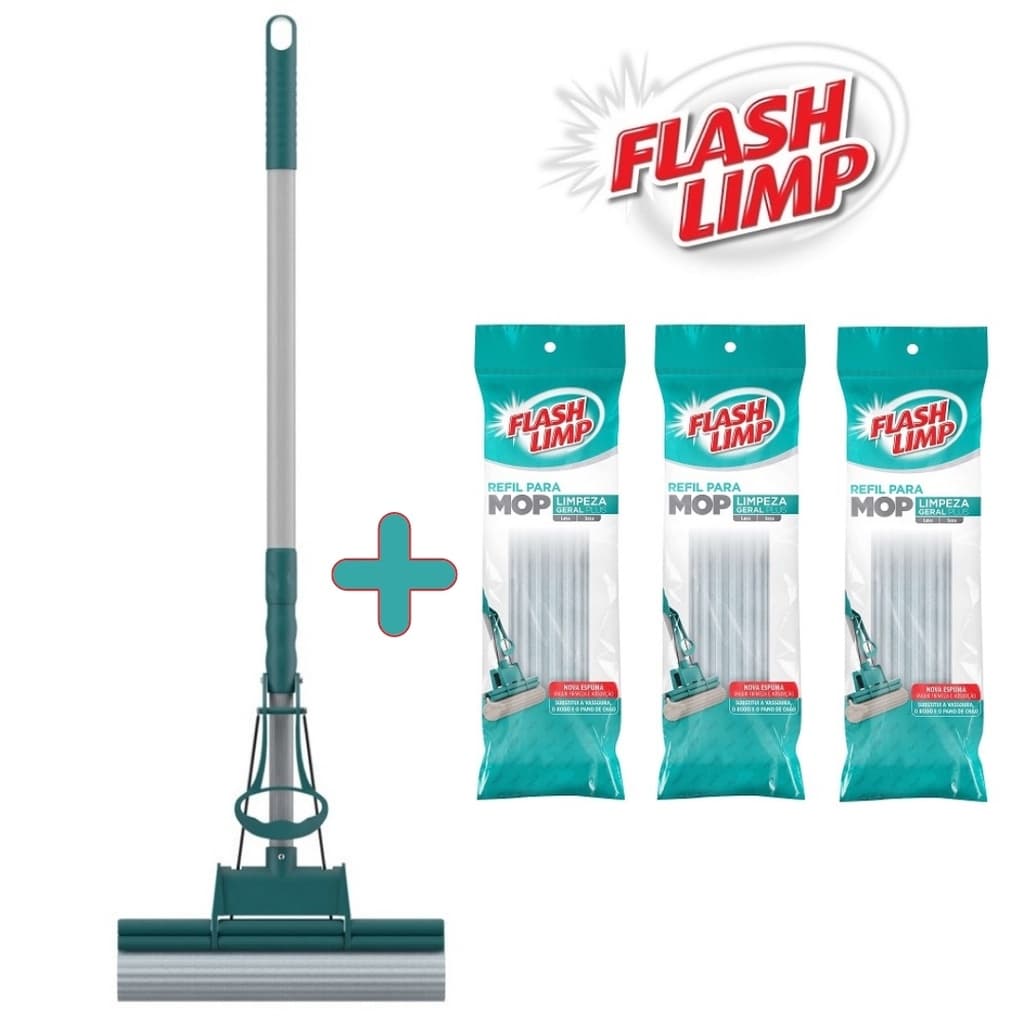 Kit Mop Limpeza Geral Plus Rodo  PVA M谩gico Flash Limp MOP7671 + 3 Refis RMOP7671