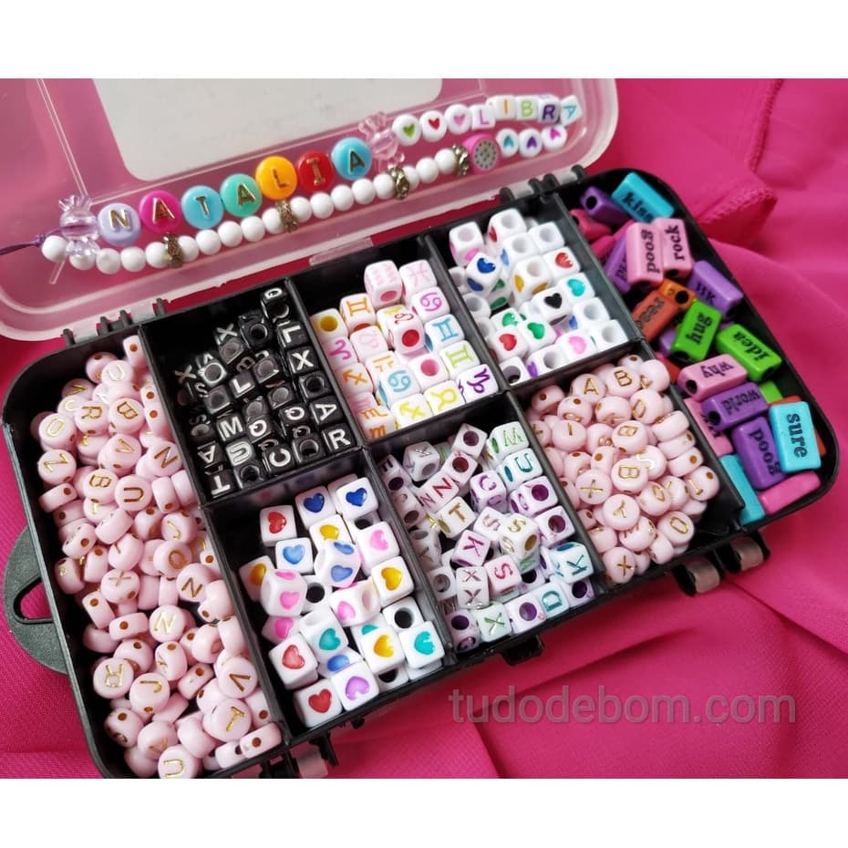 Kit Miçangas Infantil 2.000 Peças + Maleta e fio de silicone para Pulseira,Colar