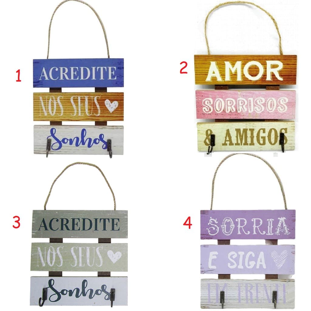 Porta Chaves com 2 Ganchos Placa Decorativos Madeira com Frases