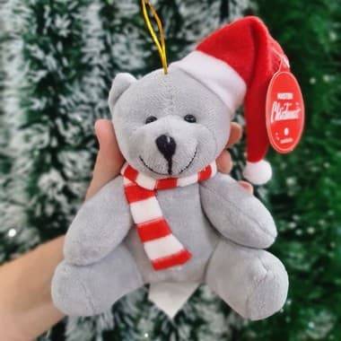 Enfeite de Pendurar Urso Natalino com Gorro e Cachecol Vermelho 15cm Rio Master Cinza