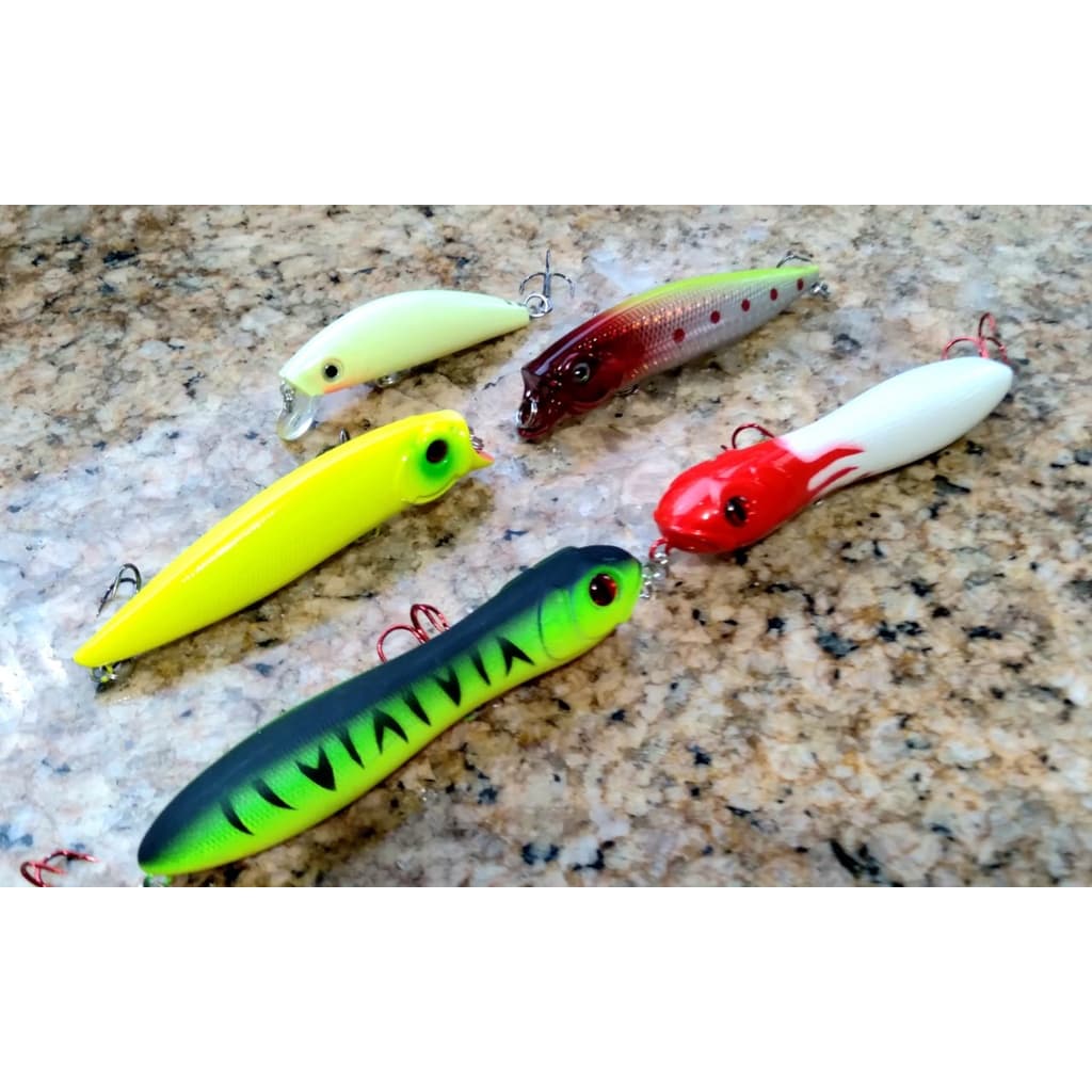 Kit Fisgada Certa com 5 Unidades de Iscas Artificiais Para pesca, Robalo,Dourado, Tucunaré