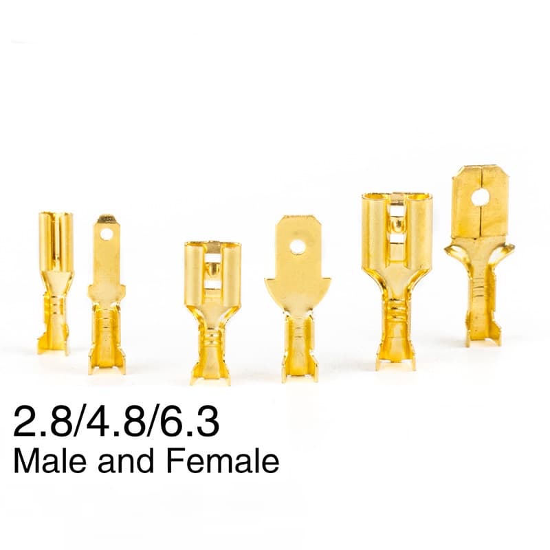 50 Pçs/Lote 2.8/4.8/6.3mm Feminino E Masculino Crimp Terminal Conector De Bronze Ouro/Prata Altofalante Do Carro Elétrico Conjunto De Conectores De Fios