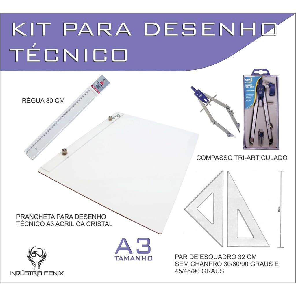 Kit Desenho Técnico Prancheta Engenharia Arquitetura Edificações A3 ACRILICO Par Esquadro 32 cm Compasso Cis 303 Regua 3