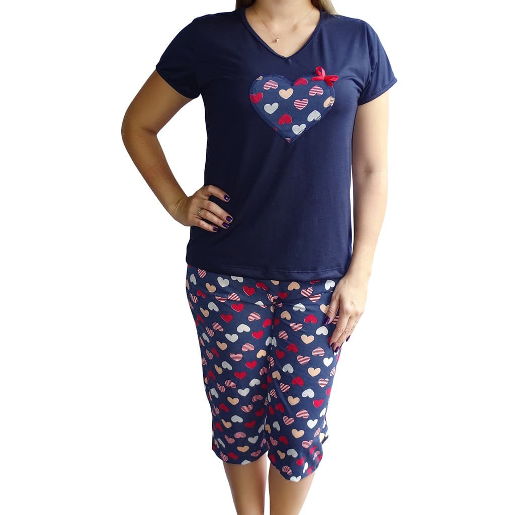 Pijama Capri Calça Pescador Blusa com manga e aplicação - Roupa de Dormir Confortável - Noite Verão