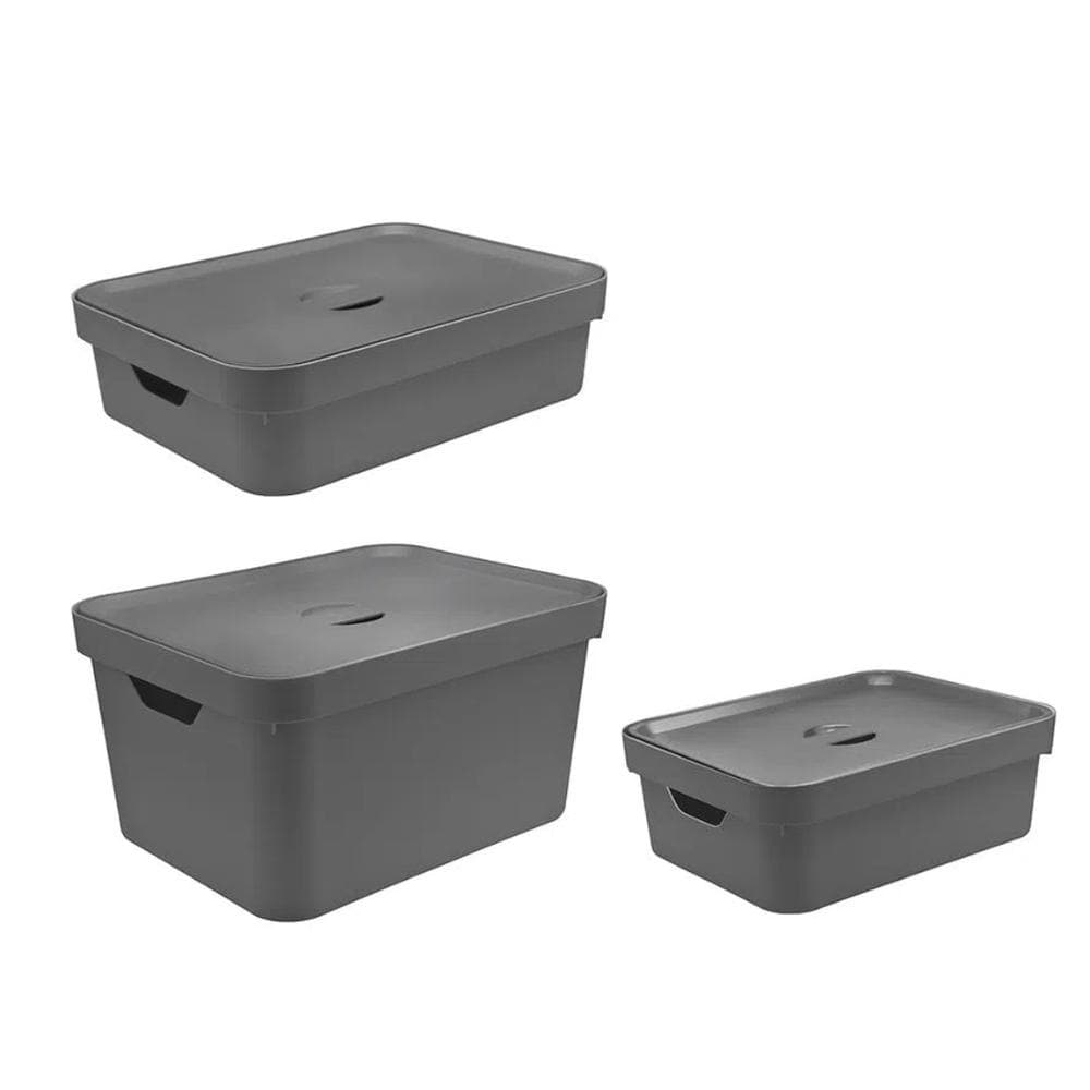 Conjunto de Caixas Organizadoras Cube com Tampa 3 Peças Chumbo - Ou Martiplast