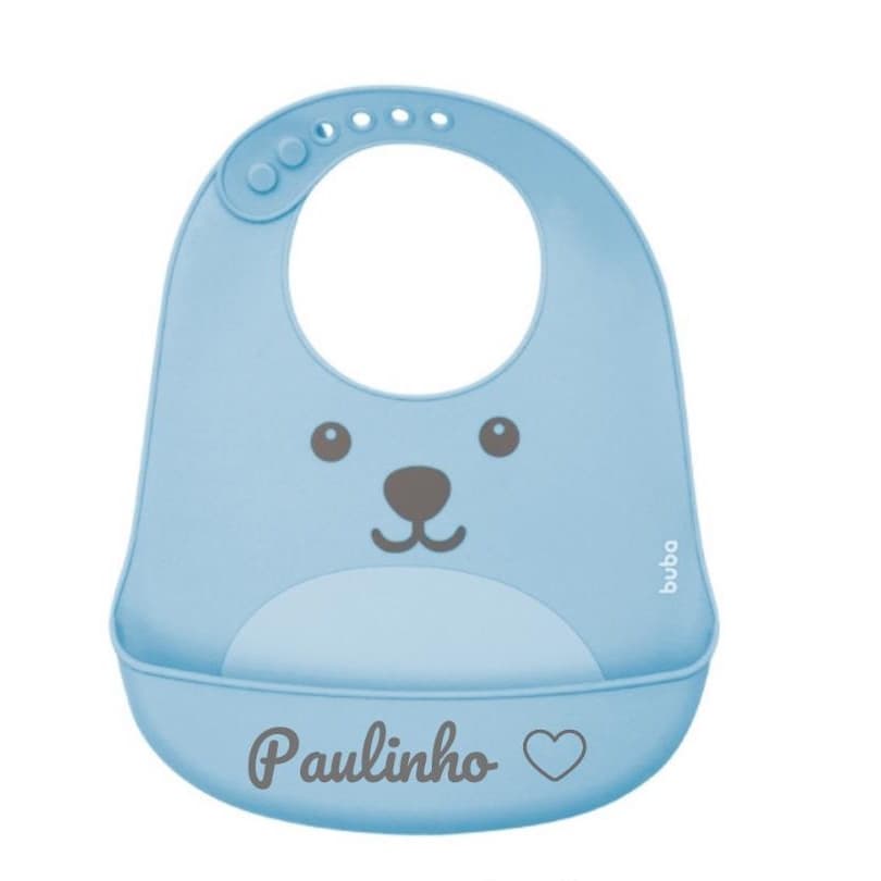 Babador Silicone Migalhas Personalizado Nome Buba Gumy Azul