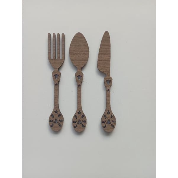 Kit 10 conjuntos de Aplique Talheres Garfo, Faca e Colher em MDF AMADEIRADO 7/10/15cm
