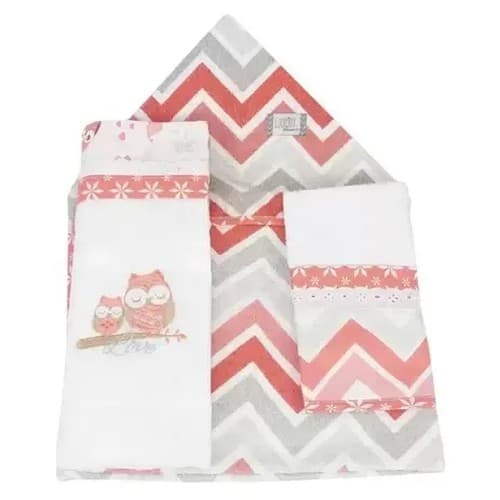 Kit Banho 3 Peças (toalha felpa, toalha fralda e toalhinha boca) Corujiha Rosa  Minasrey