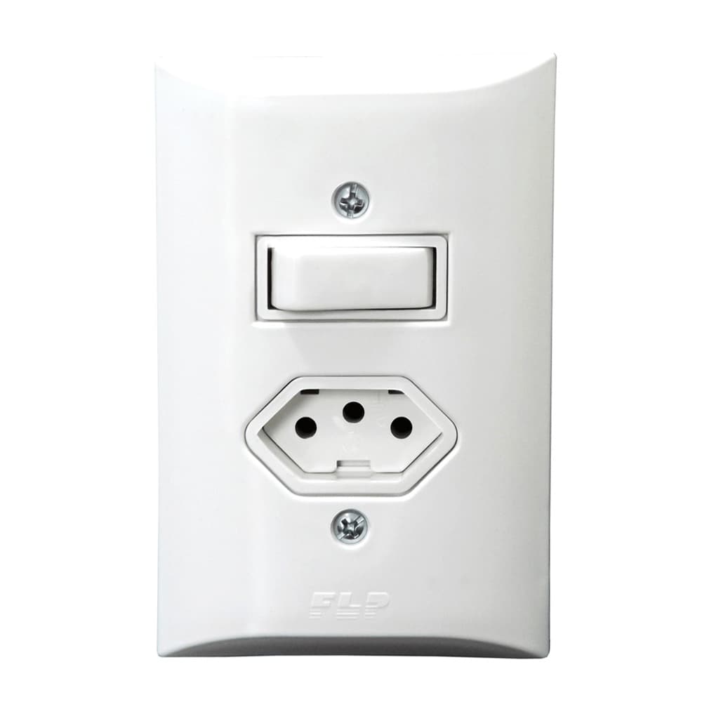 Kit 5 Interruptores Interruptor Simples 1 Tecla + Tomada 10A 2p+t Com Espelho Branco Bivolt 127V e 250V