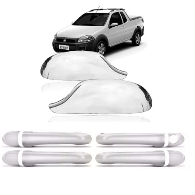 Kit com 2 Capas Apliques Cromados do Retrovisor 4 Maçanetas da Strada Palio 2004 a 2011