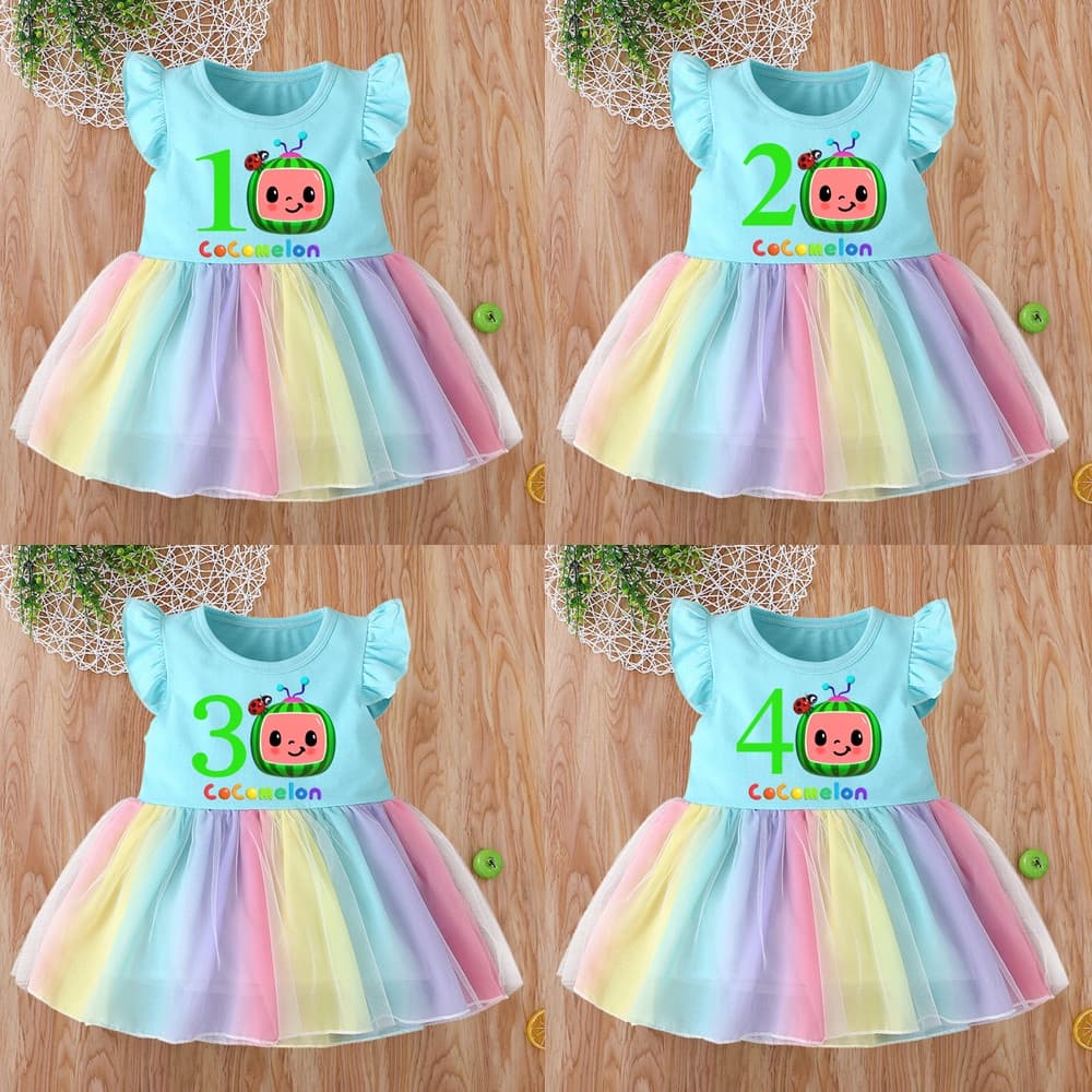 Tema De Aniversário Fofo Fruitt Vestido Menina Arco-Íris Festa Cocomelon