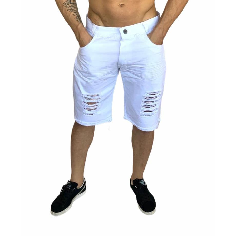 bermuda shorts Branca rasgada jeans masculinas atacado barata temos jeans