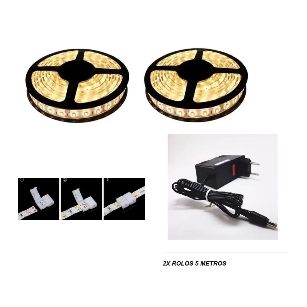 10 Metros Fita Led 3528 Branco Quente + Fonte Bivolt Sanca Gesso Decoração