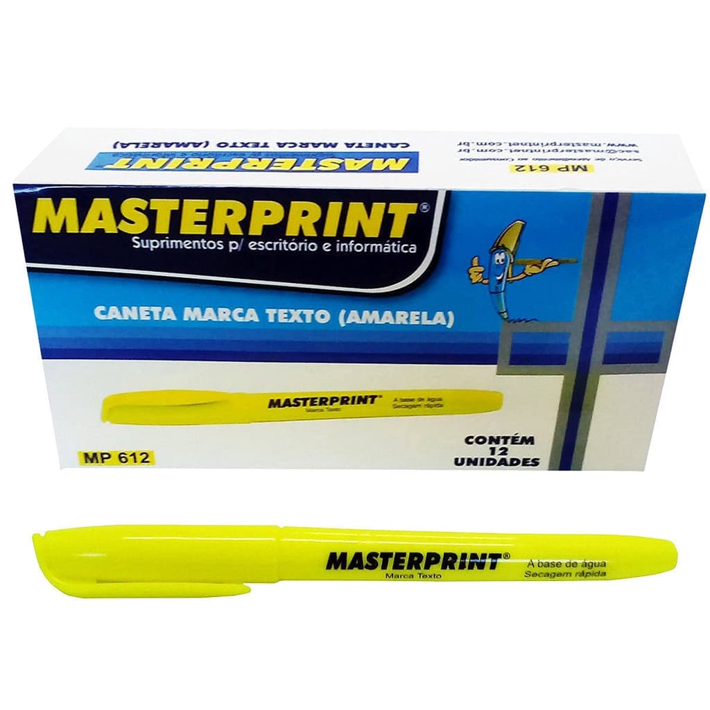 Caneta Marca Texto Amarela com Ponta Chanfrada Masterprint MP612 Pincel MP 612 Caixa c/ 12 Unidades