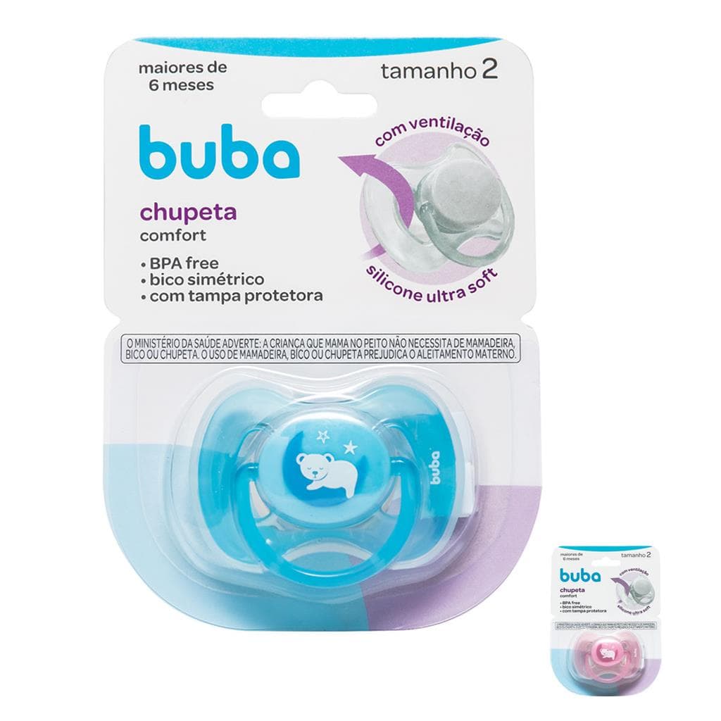 Chupeta Fase 2 Comfort Ursinho Bico Simetrico Com Tampa Protetora +6 meses Buba