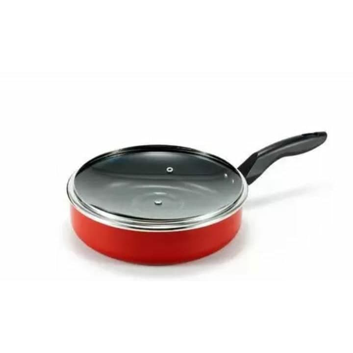 Frigideira Grande Alta Funda 24 cm Antiaderente Teflon com Tampa de Vidro Cor Vermelha