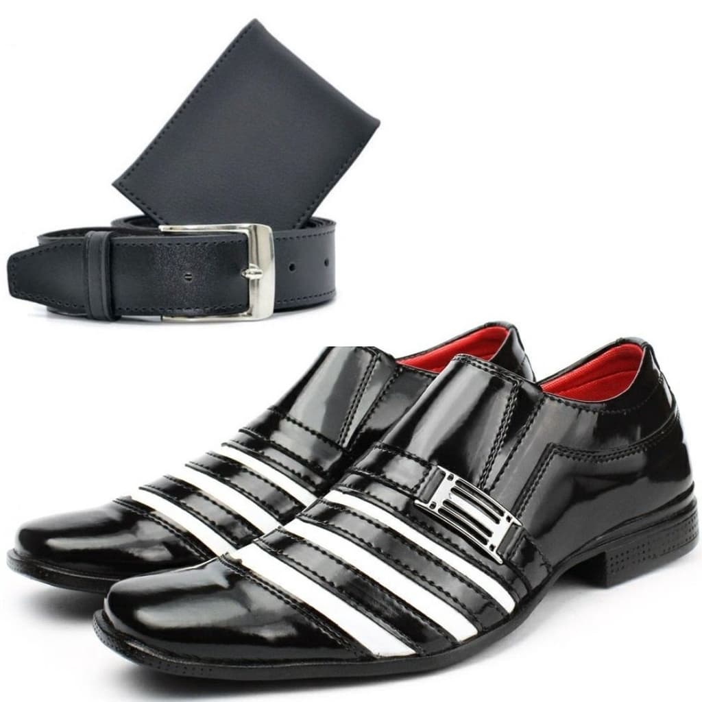 Sapato Social Masculino Preto com Branco Kit Sapato Cinto E Carteira Promoção