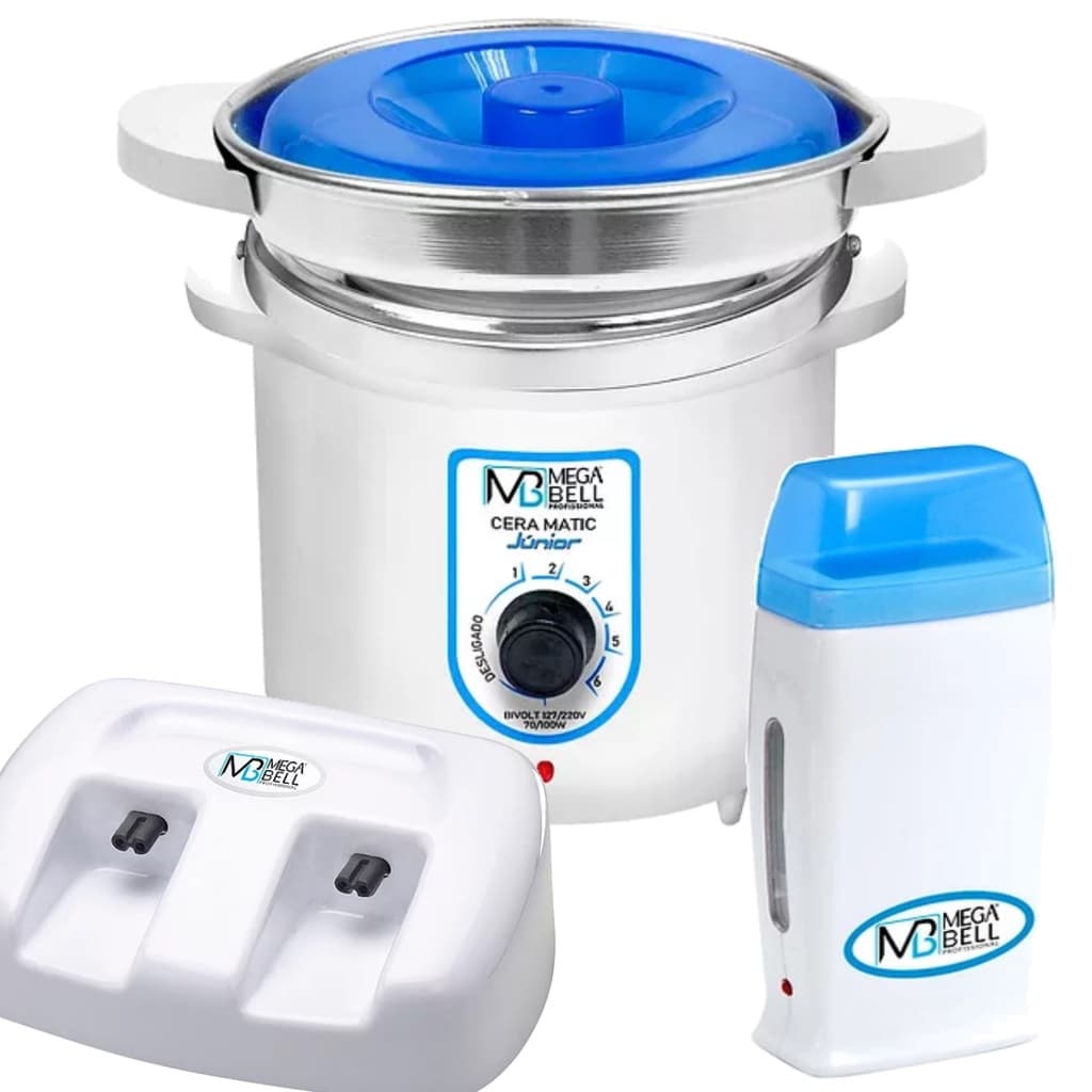 Termocera Panela Depilação 400g c/ Refil + Base Dupla c/ 1 Rollon Branco c/ Azul Mega Bell