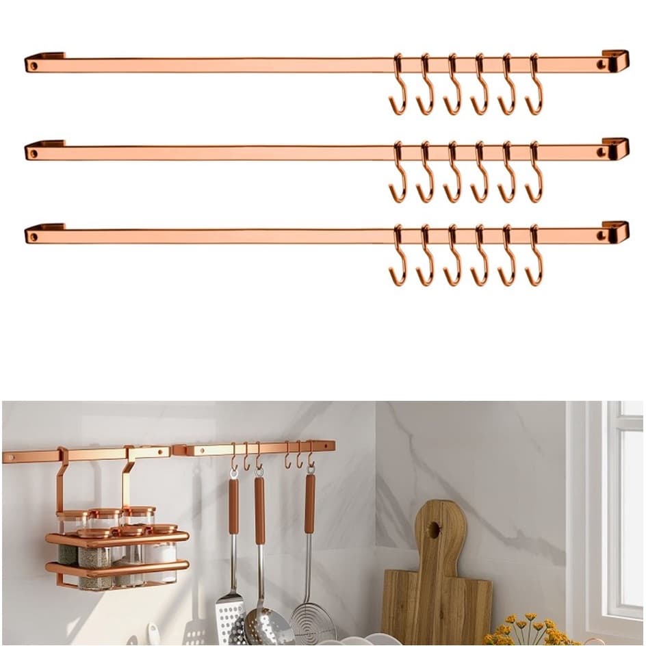 Kit Cozinha 3 Barra Piatina 45cm Com 6 Gancho de Parede Cobre Rose Gold - Future