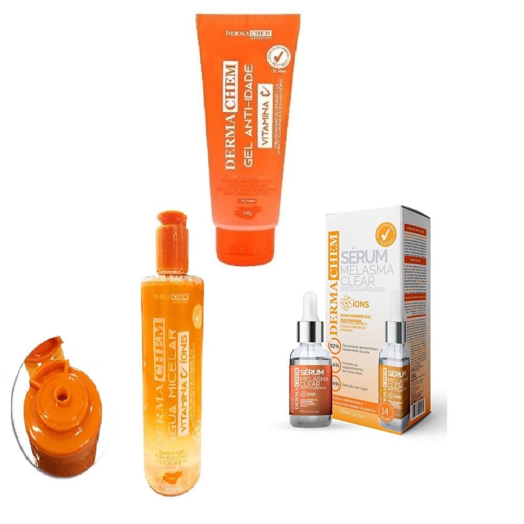 Kit Com Gel de Limpeza Facial Vitamina C + Água Micelar Vitamina C + Serum Melasma Clear feito Clareador - Excelente Kit Skin Care Para Redução de Manchas De Melasma