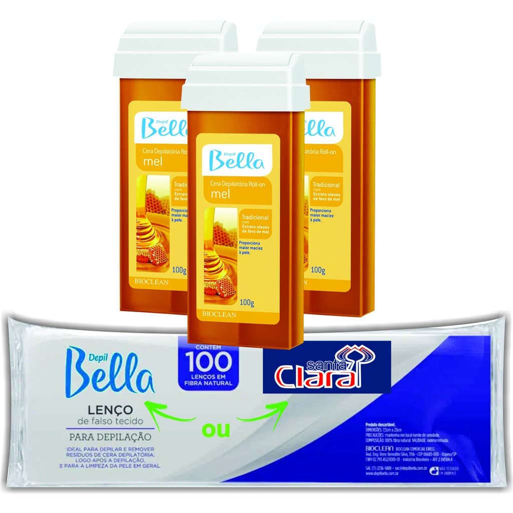Kit Depilação Econômico 3 Refil Cera Rollon Mel e 1 Papel Cortado com 100 folhas Depil Bella