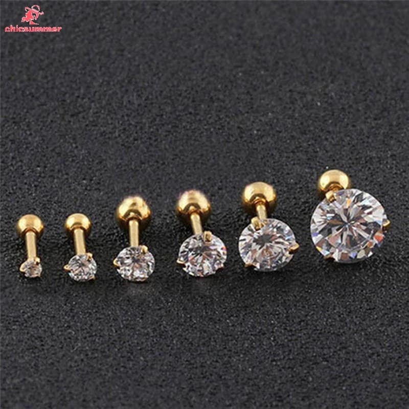 Brinco De Tarraxa De Aço Inoxidável Cz 3 Prong Tragus / Cartilagem Com Cristal De Zirconita / Joias De Ouro