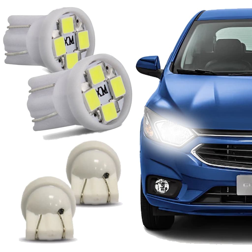 Par De Lâmpadas De Led Automotivas T10 Pingo 12v Volts 4 Leds 6000k Luz Branca Branco Para Carro