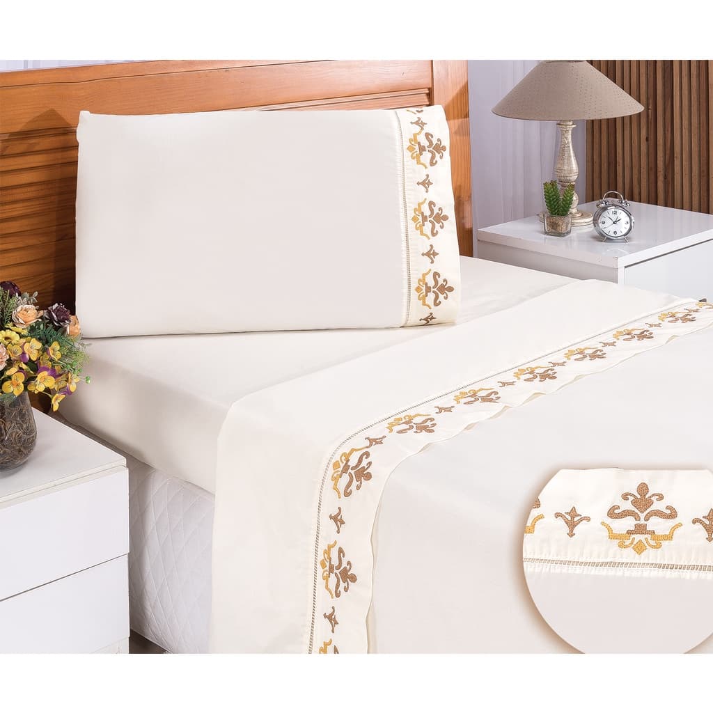 Jogo De Lençol Cama Solteiro Bordado Com Ponto Palito 400 Fios Algodão 3 pçs