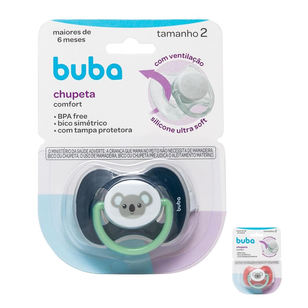 Chupeta Comfort Fase 2 Coala Bico Simetrico Com Tampa Protetora +6 meses Buba